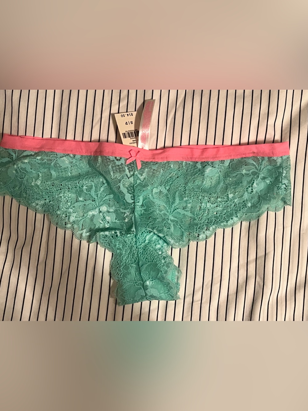 NWT PINK Victoria’s Secret Mint Green Lace Cheekie Bikini with Pink Trim, size S